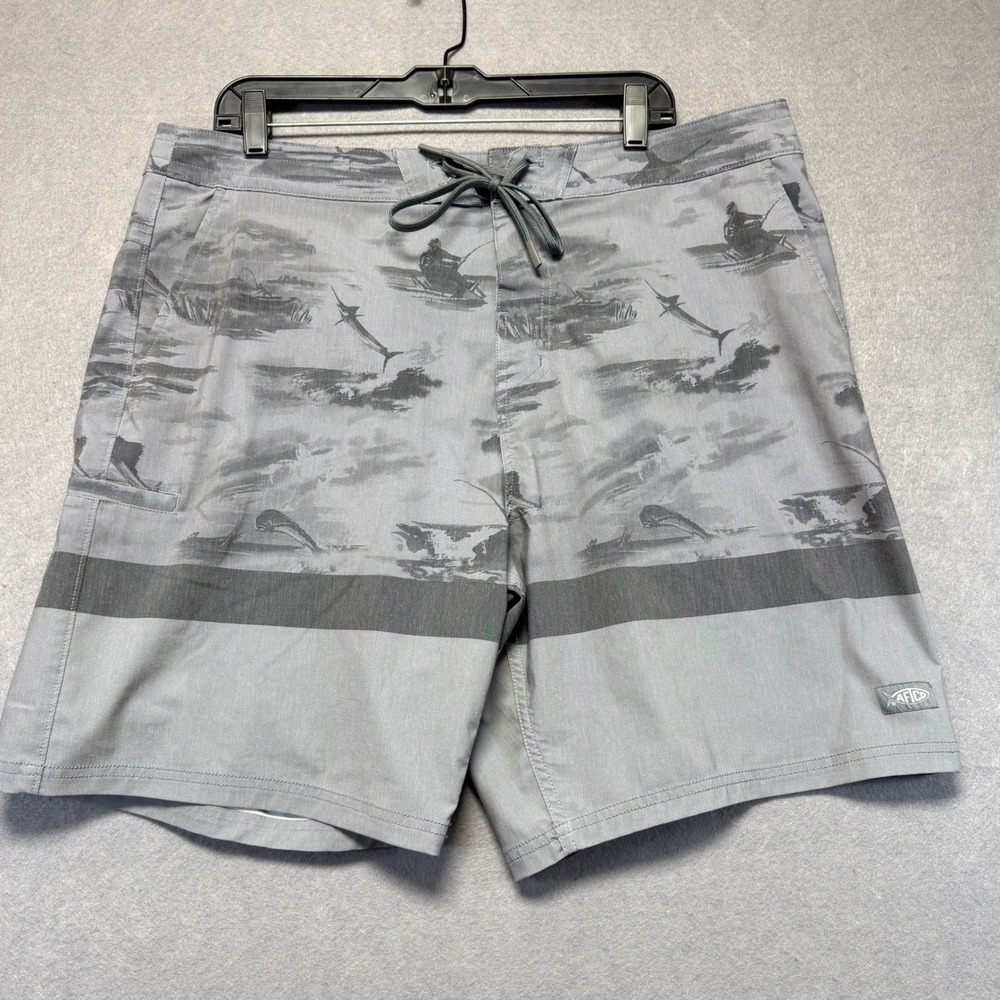 AFTCO Mens Gray Fishing‎ Scene Print Board Shorts Size 38x8 Marlin Dolphin Print